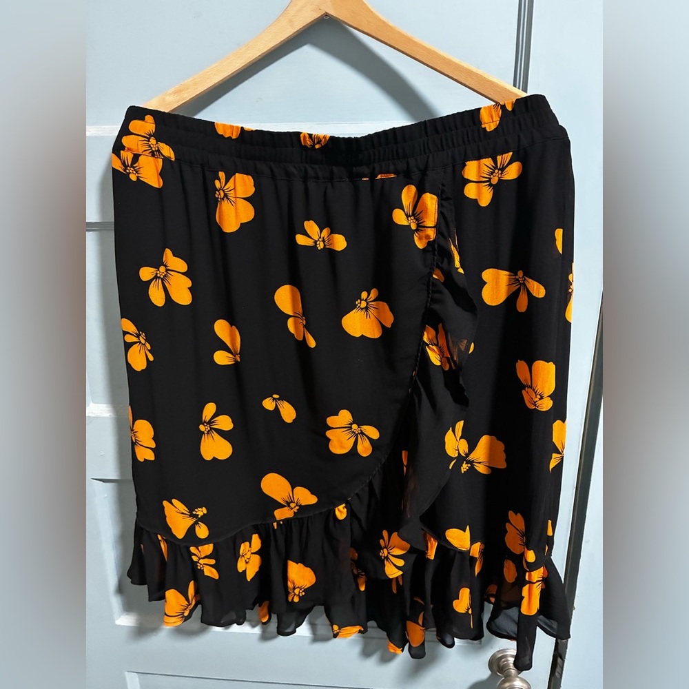 Catherine Malandrino Black Faux Wrap Skirt with Orange Floral Design NWT